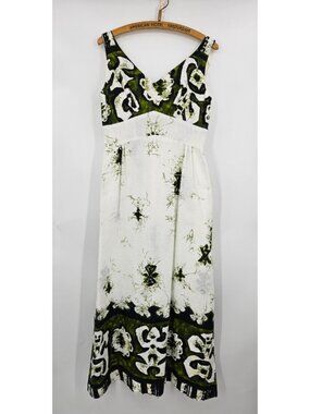 VTG Malihini Hawaii Barkcloth Maxi Dress Womens M? White Green Tiki